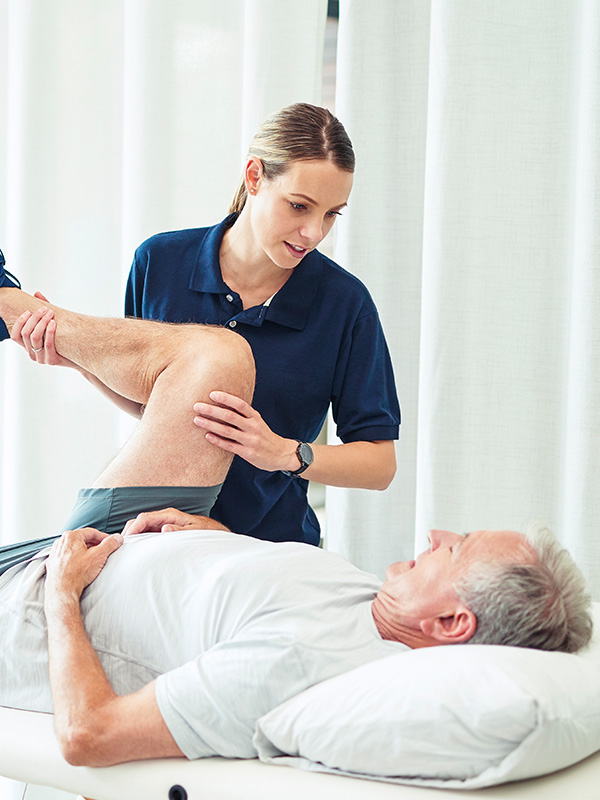 senior patient and leg surgery, physical therapy and orthopedic healing